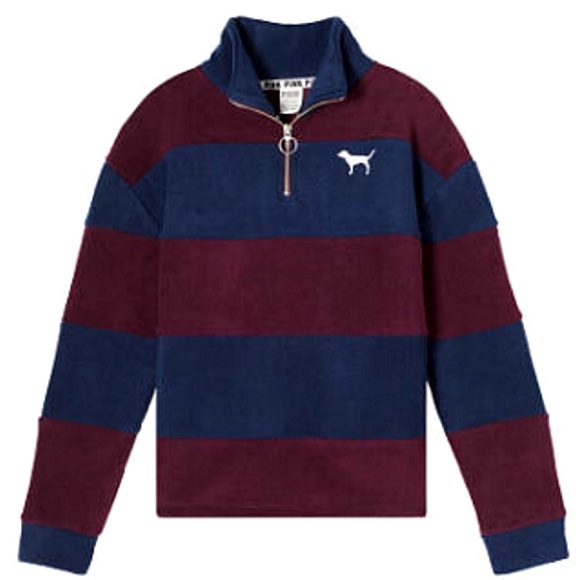 PINK Victoria’s Secret Maroon & Navy Striped 1/4 Zip Polar Fleece Pullover-6031 - Picture 3 of 9